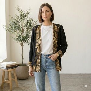 Vintage Black & Gold 100% Silk Beaded / Sequin Blazer Jacket - Large